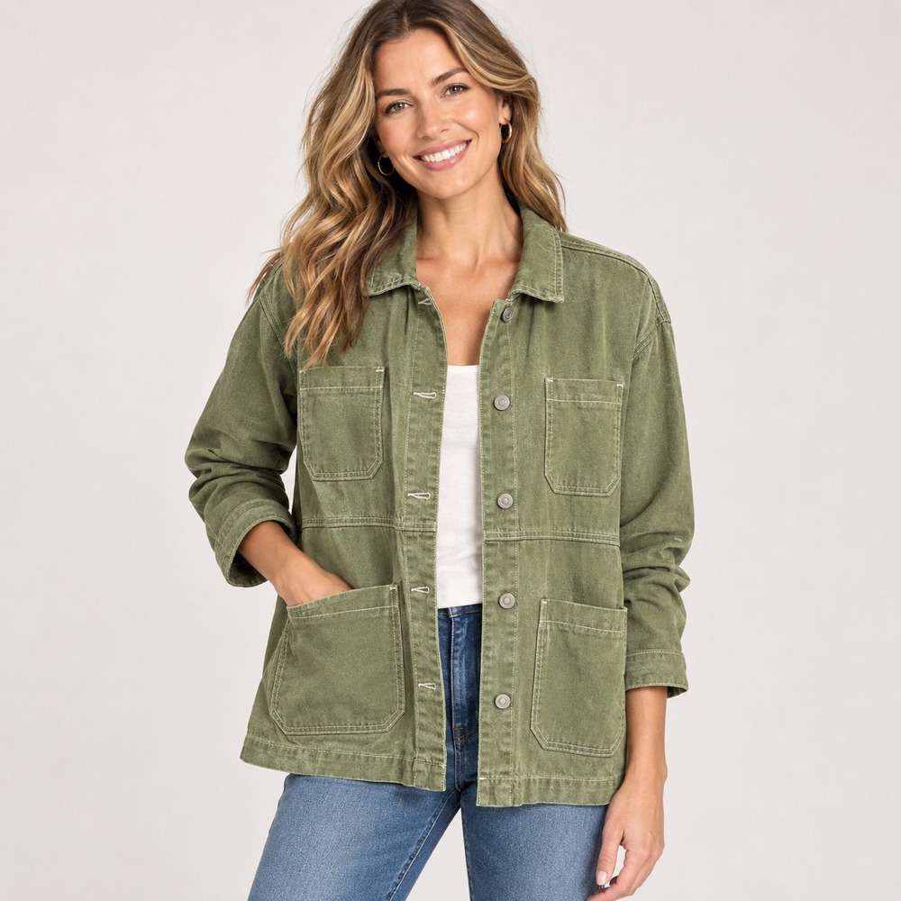 Better Together Large  Olive Green Cotton Utility Chore Jacket Pockets 
Boho